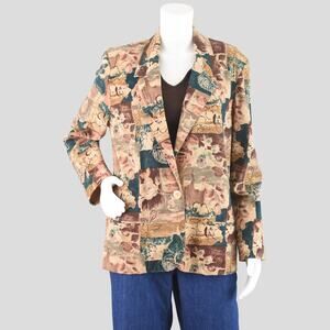 Vintage 80s Brown Floral Lightweight Blazer Women's Medium